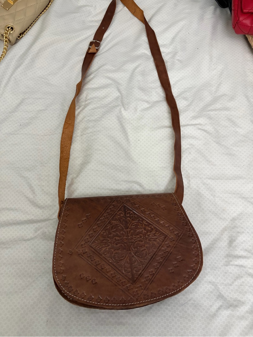 Brown Tooled Leather Moroccan Saddle Crossbody Bag